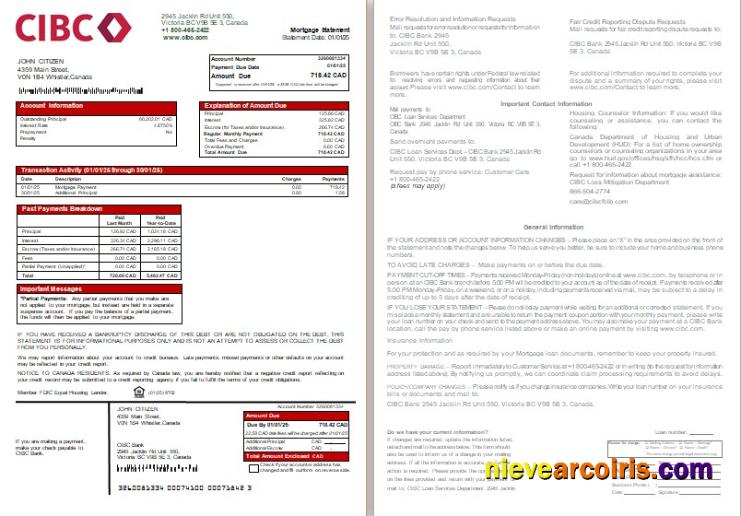 Canada CIBC Bank mortgage statement, 2 pages, 1-2